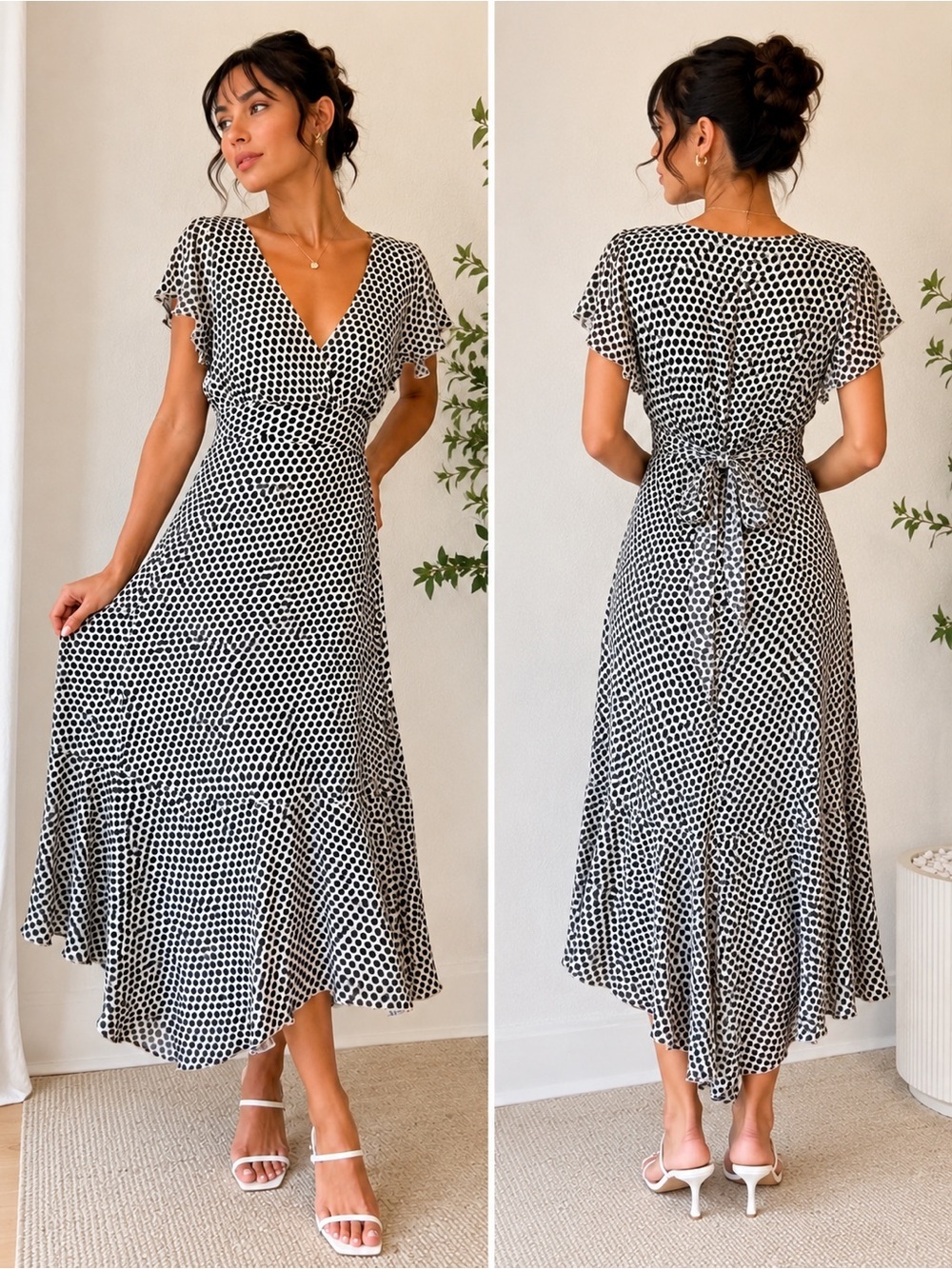 Jonathan Martin Y2K Polka Dot Midi Dress Size 10 Asymmetrical Hem Flutter Sleeve